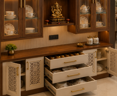 Traditional Indian Wooden Crockery Display Unit with Pooja Space, Glass Cabinets, Open Drawers, Jali Doors, Brass Handles.
