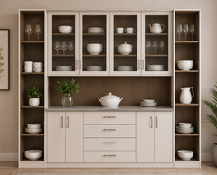 Premium Modern Luxury Crockery Display Unit with Open Drawers, Glass Cabinets, Marble Countertop, Warm LED Lighting, and Elegant Wooden Finish