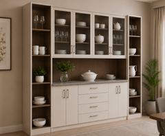 Modern Western Crockery Unit with Glass Cabinets and Open Storage Drawers