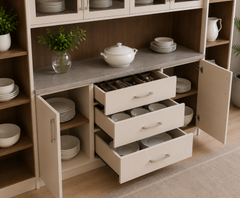 Premium Modern Luxury Crockery Display Unit with Open Drawers, Glass Cabinets, Marble Countertop, Warm LED Lighting, and Elegant Wooden Finish