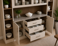 Modern Western Crockery Unit with Glass Cabinets and Open Storage Drawers