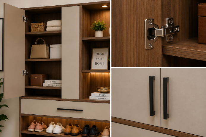 Luxury Modern Wooden Shoe Rack Cabinet with Open Footwear Shelves, Matte Storage Doors, Decorative Display Section, Black Handles, and Warm LED Lighting