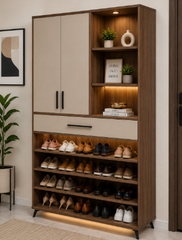 Luxury Modern Wooden Shoe Rack Cabinet with Open Footwear Shelves, Matte Storage Doors, Decorative Display Section, Black Handles, and Warm LED Lighting
