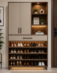 Luxury Modern Wooden Shoe Rack Cabinet with Open Footwear Shelves, Matte Storage Doors, Decorative Display Section, Black Handles, and Warm LED Lighting