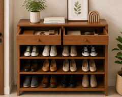 Wooden Entryway Shoe Storage Unit with Open Shelves, Pull-Out Drawers, Decorative Top Display, and Modern Home Organizer Design