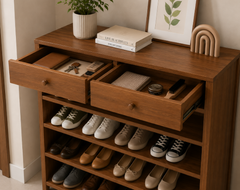 Wooden Entryway Shoe Storage Unit with Open Shelves, Pull-Out Drawers, Decorative Top Display, and Modern Home Organizer Design