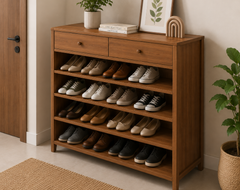 Wooden Entryway Shoe Storage Unit with Open Shelves, Pull-Out Drawers, Decorative Top Display, and Modern Home Organizer Design