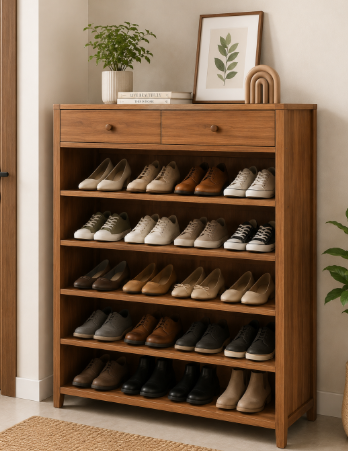 Wooden Entryway Shoe Storage Unit with Open Shelves, Pull-Out Drawers, Decorative Top Display, and Modern Home Organizer Design