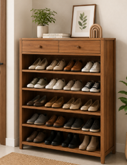 Wooden Entryway Shoe Storage Unit with Open Shelves, Pull-Out Drawers, Decorative Top Display, and Modern Home Organizer Design