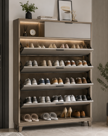 Wooden Shoe Rack Cabinet with Open Display Shelves and Warm LED Storage Design
