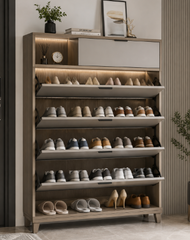 Wooden Shoe Rack Cabinet with Open Display Shelves and Warm LED Storage Design