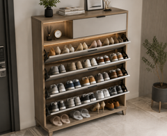 Wooden Shoe Rack Cabinet with Open Display Shelves and Warm LED Storage Design