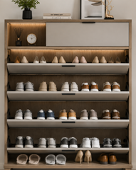 Wooden Shoe Rack Cabinet with Open Display Shelves and Warm LED Storage Design