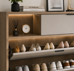 Wooden Shoe Rack Cabinet with Open Display Shelves and Warm LED Storage Design