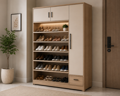Modern Oak wood Storage Shoe Rack Cabinet with Utility Drawer and Multi-Level Shoe Organizer