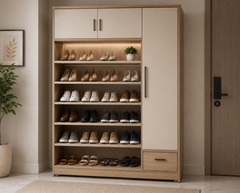 Modern Oak wood Storage Shoe Rack Cabinet with Utility Drawer and Multi-Level Shoe Organizer