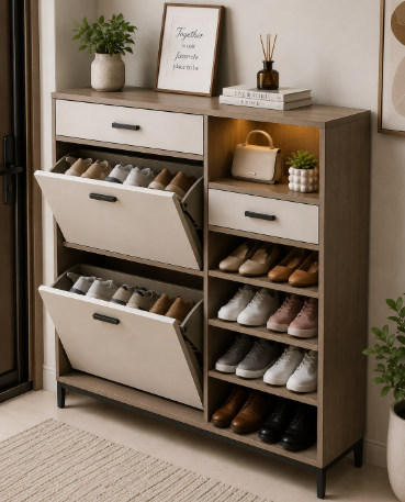 Modern Dual-Storage Wooden Shoe Rack Cabinet with Open Shelves and Flip-Down Compartments