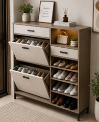 Modern Dual-Storage Wooden Shoe Rack Cabinet with Open Shelves and Flip-Down Compartments
