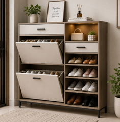 Modern Dual-Storage Wooden Shoe Rack Cabinet with Open Shelves and Flip-Down Compartments