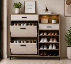 Modern Dual-Storage Wooden Shoe Rack Cabinet with Open Shelves and Flip-Down Compartments