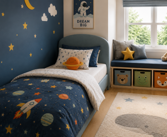 Dreamy Galaxy Kids Bedroom with Smart Study Corner and Cozy Space Theme
