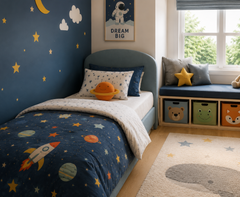 Dreamy Galaxy Kids Bedroom with Smart Study Corner and Cozy Space Theme