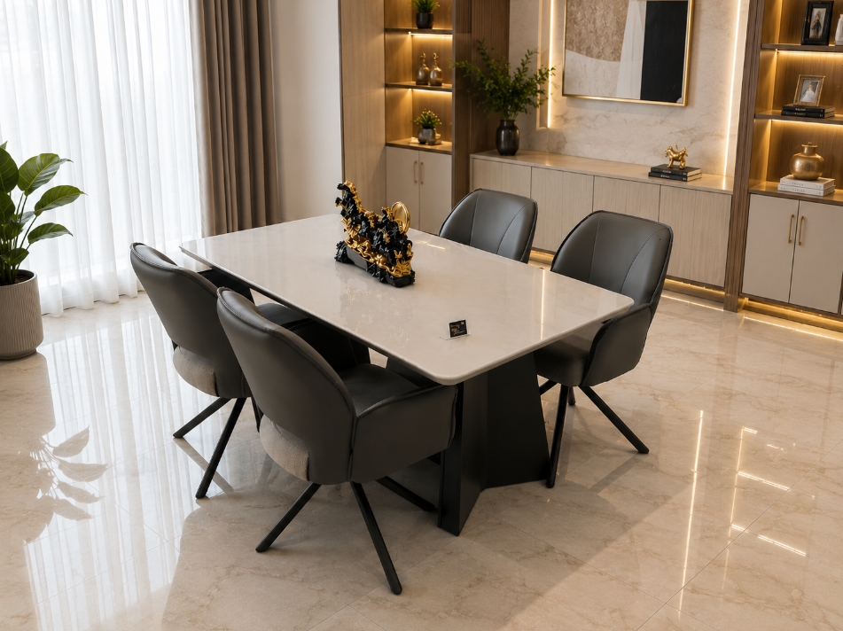 Royal Noir Marble Luxe 4 Seater Dining Table Set with Premium Glossy Stone-Finish Top, Sculptural Black Pedestal Base & Contemporary Upholstered Dining Chairs