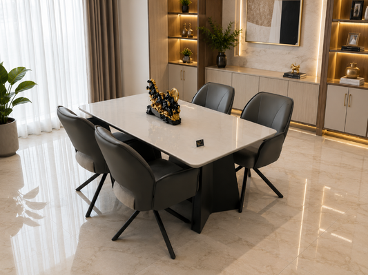 Royal Noir Marble Luxe 4 Seater Dining Table Set with Premium Glossy Stone-Finish Top, Sculptural Black Pedestal Base & Contemporary Upholstered Dining Chairs
