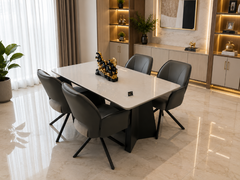 Royal Noir Marble Luxe 4 Seater Dining Table Set with Premium Glossy Stone-Finish Top, Sculptural Black Pedestal Base & Contemporary Upholstered Dining Chairs