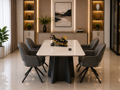 Royal Noir Marble Luxe 4 Seater Dining Table Set with Premium Glossy Stone-Finish Top, Sculptural Black Pedestal Base & Contemporary Upholstered Dining Chairs