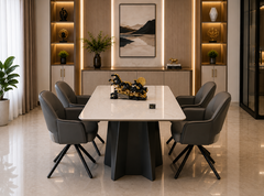 Royal Noir Marble Luxe 4 Seater Dining Table Set with Premium Glossy Stone-Finish Top, Sculptural Black Pedestal Base & Contemporary Upholstered Dining Chairs