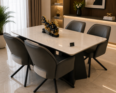 Royal Noir Marble Luxe 4 Seater Dining Table Set with Premium Glossy Stone-Finish Top, Sculptural Black Pedestal Base & Contemporary Upholstered Dining Chairs