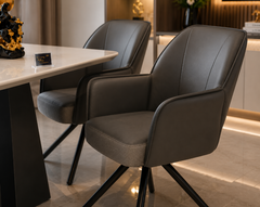 Royal Noir Marble Luxe 4 Seater Dining Table Set with Premium Glossy Stone-Finish Top, Sculptural Black Pedestal Base & Contemporary Upholstered Dining Chairs