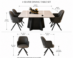 Royal Noir Marble Luxe 4 Seater Dining Table Set with Premium Glossy Stone-Finish Top, Sculptural Black Pedestal Base & Contemporary Upholstered Dining Chairs