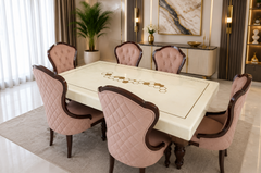 Royal Blush Marble Luxe 7 Seater Dining Table Set with Premium Upholstered Quilted Chairs & Classic Solid Wood Carved Base