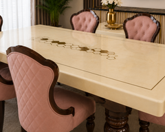 Royal Blush Marble Luxe 7 Seater Dining Table Set with Premium Upholstered Quilted Chairs & Classic Solid Wood Carved Base