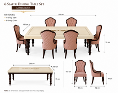 Royal Blush Marble Luxe 7 Seater Dining Table Set with Premium Upholstered Quilted Chairs & Classic Solid Wood Carved Base