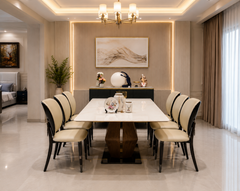 Aurelia Marble-Finish Luxury Dining Table Set with Designer Blush Upholstered Chairs