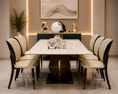 Aurelia Marble-Finish Luxury Dining Table Set with Designer Blush Upholstered Chairs