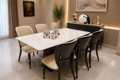 Aurelia Marble-Finish Luxury Dining Table Set with Designer Blush Upholstered Chairs