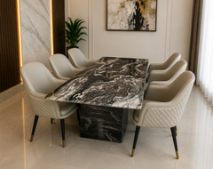Valencia Marble Top 6 Seater Dining Table Set with Contemporary Upholstered Dining Chairs