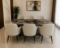Valencia Marble Top 6 Seater Dining Table Set with Contemporary Upholstered Dining Chairs
