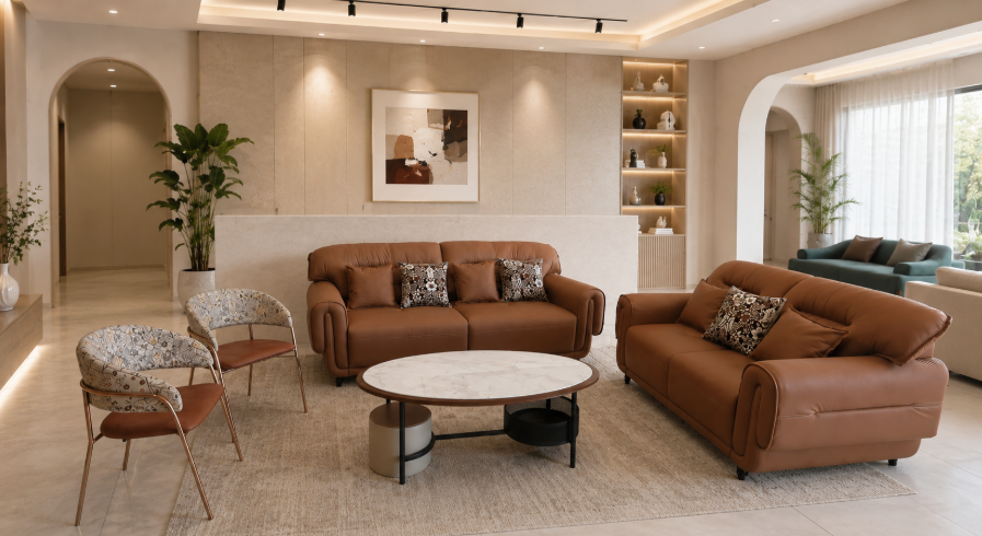Aurelio Luxe Premium Genuine Leather 3+2 Seater Contemporary Living Room Sofa Set with Sculpted Rolled Armrests, Deep Comfort Cushions, and Modern Designer Silhouette