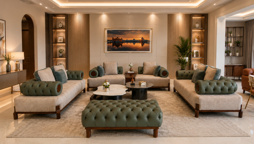 Imperia Verde Luxury Contemporary Upholstered Sofa Set with Tufted Olive Leather Bolster Armrests, Premium Textured Fabric Seating, Solid Wood Base, and Designer Ottoman for Modern Living Rooms