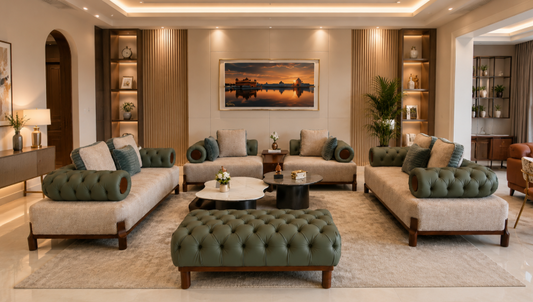 Imperia Verde Luxury Contemporary Upholstered Sofa Set with Tufted Olive Leather Bolster Armrests, Premium Textured Fabric Seating, Solid Wood Base, and Designer Ottoman for Modern Living Rooms