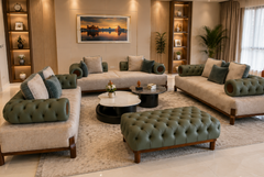 Imperia Verde Luxury Contemporary Upholstered Sofa Set with Tufted Olive Leather Bolster Armrests, Premium Textured Fabric Seating, Solid Wood Base, and Designer Ottoman for Modern Living Rooms