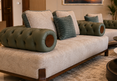 Imperia Verde Luxury Contemporary Upholstered Sofa Set with Tufted Olive Leather Bolster Armrests, Premium Textured Fabric Seating, Solid Wood Base, and Designer Ottoman for Modern Living Rooms