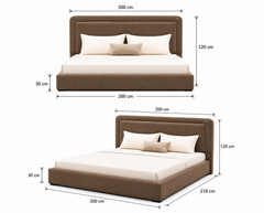 Brown bed with white pillows and dimensions labeled on a white background