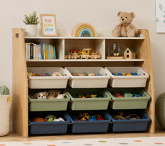 Smart Playroom Toy Storage Unit with Open Shelves and Colorful Organizer Bins