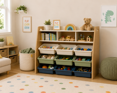 Smart Playroom Toy Storage Unit with Open Shelves and Colorful Organizer Bins